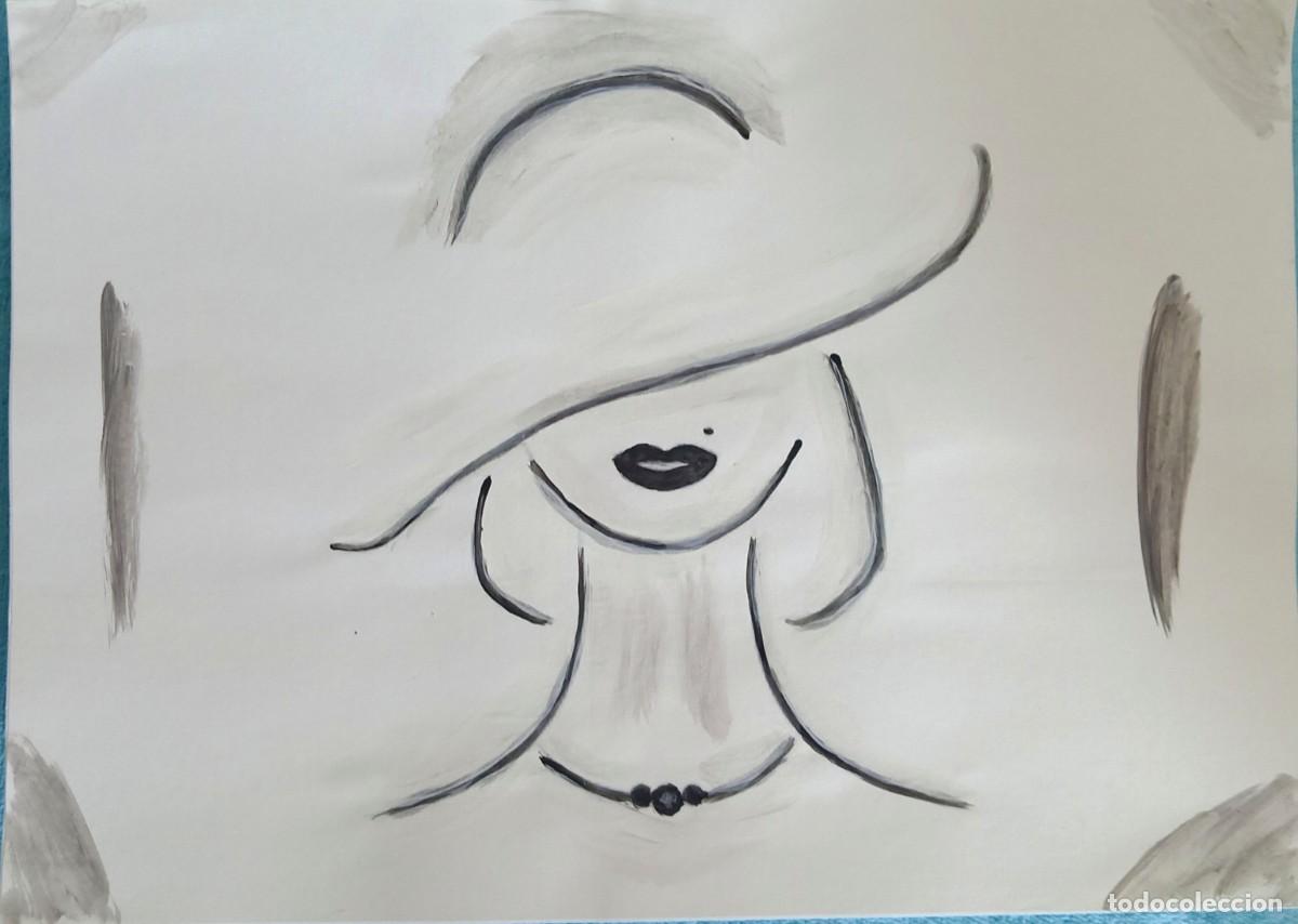 Kunst: Original pintura mujer con sombrero (10) acuarela sobre papel doble 29,6cm x 21cm. Muy bonita