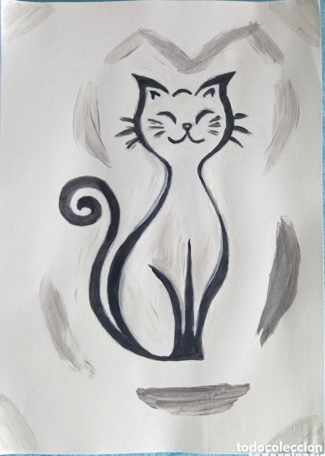 Arte: Original pintura gato trazos (10) (t&eacute;cnica mixta) acuarela y acr&iacute;lico sobre papel doble 29,6cm x 21c