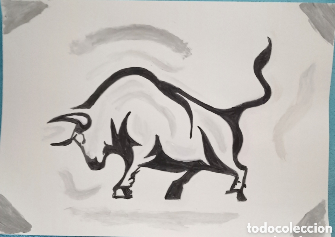 Arte: Original pintura Toro trazos (7) acuarela sobre papel doble 29,6cm x 21cm. Muy bonita