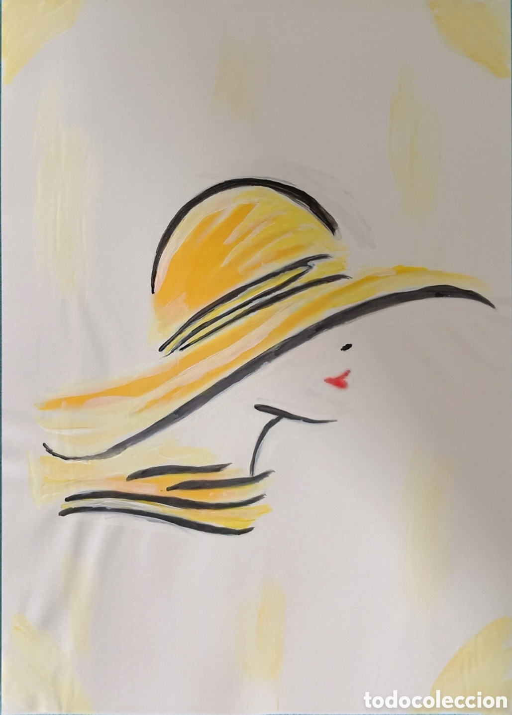 Art: Original pintura mujer con sombrero (5) acuarela sobre papel doble 29,6cm x 21cm. Muy bonita