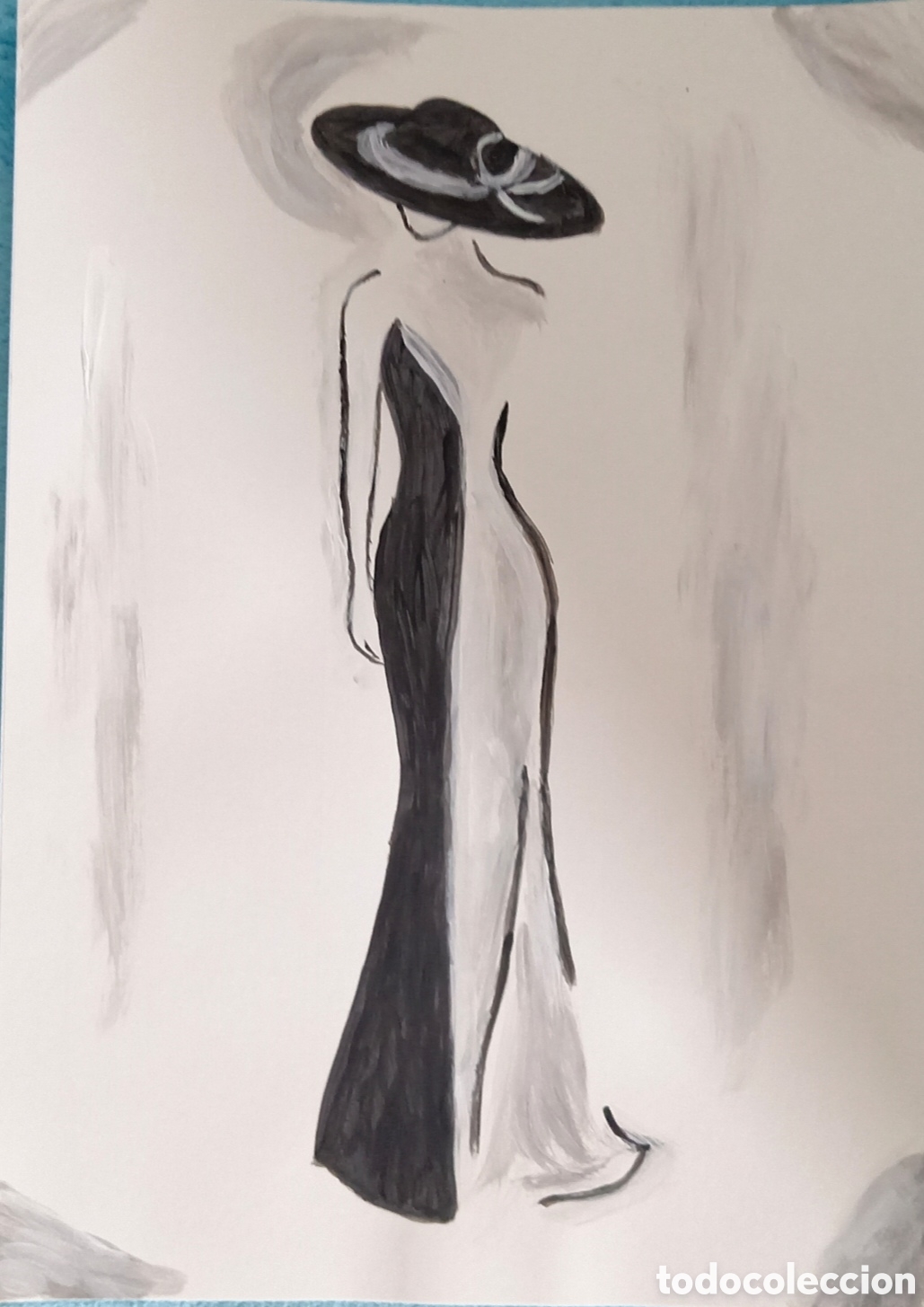Kunst: Original pintura mujer de negro con sombrero (2) acuarela sobre papel doble 29,6cm x 21cm. Muy bonit
