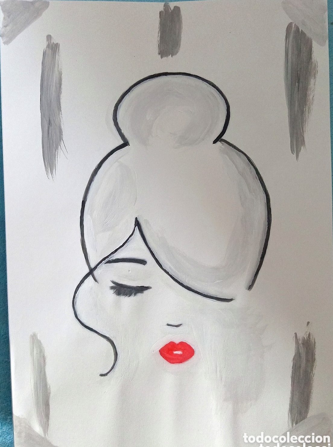 Art: Original pintura mujer con flequillo (5) acuarela sobre papel doble 29,6cm x 21cm. Muy bonita