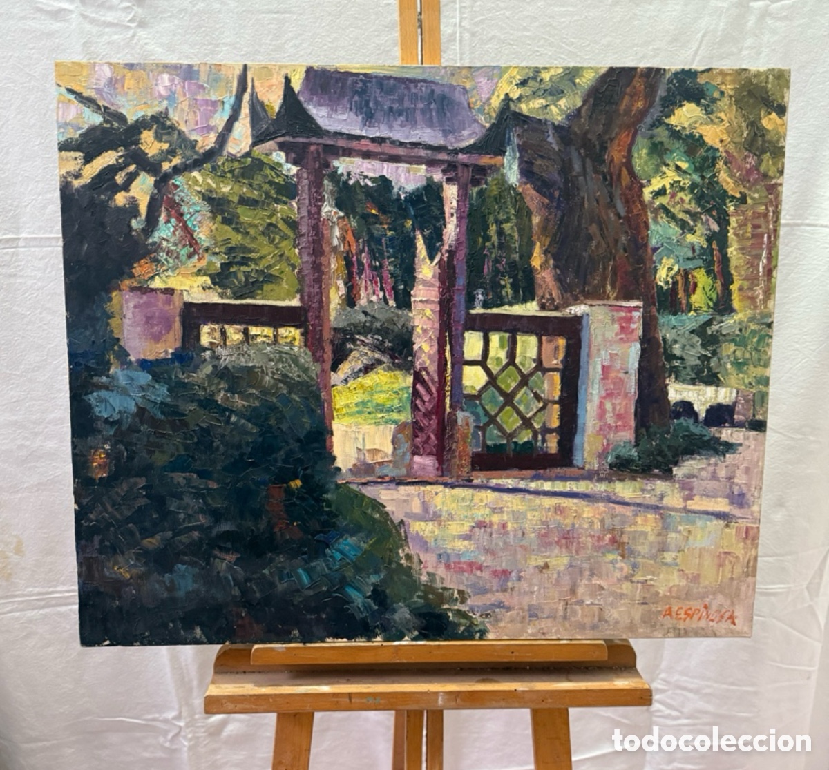 Art: &Oacute;leo sobre lienzo firmado A. Espinosa. Paisaje jard&iacute;n oriental. Gran formato