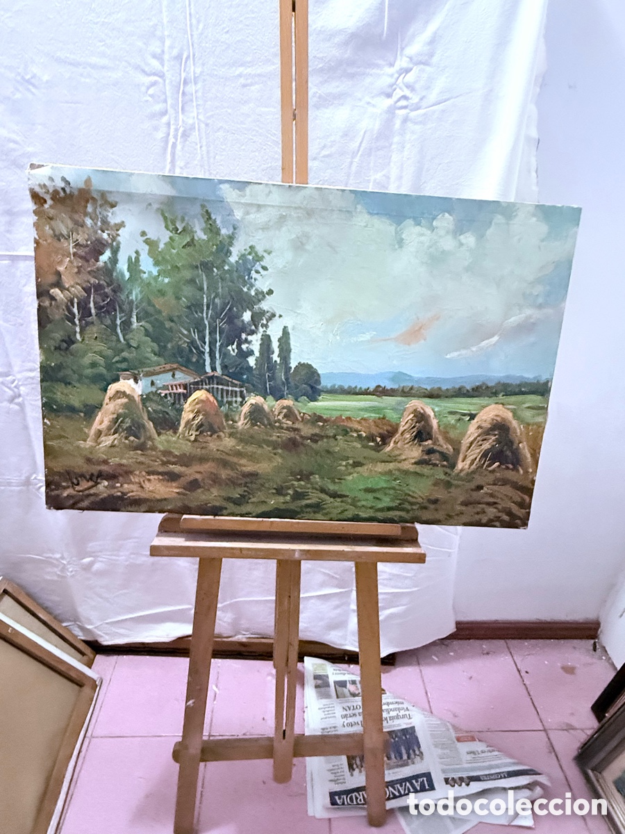Kunst: &Oacute;leo sobre lienzo paisaje rural con pajar y casa de campo. Firmado. 85 x 55 cm