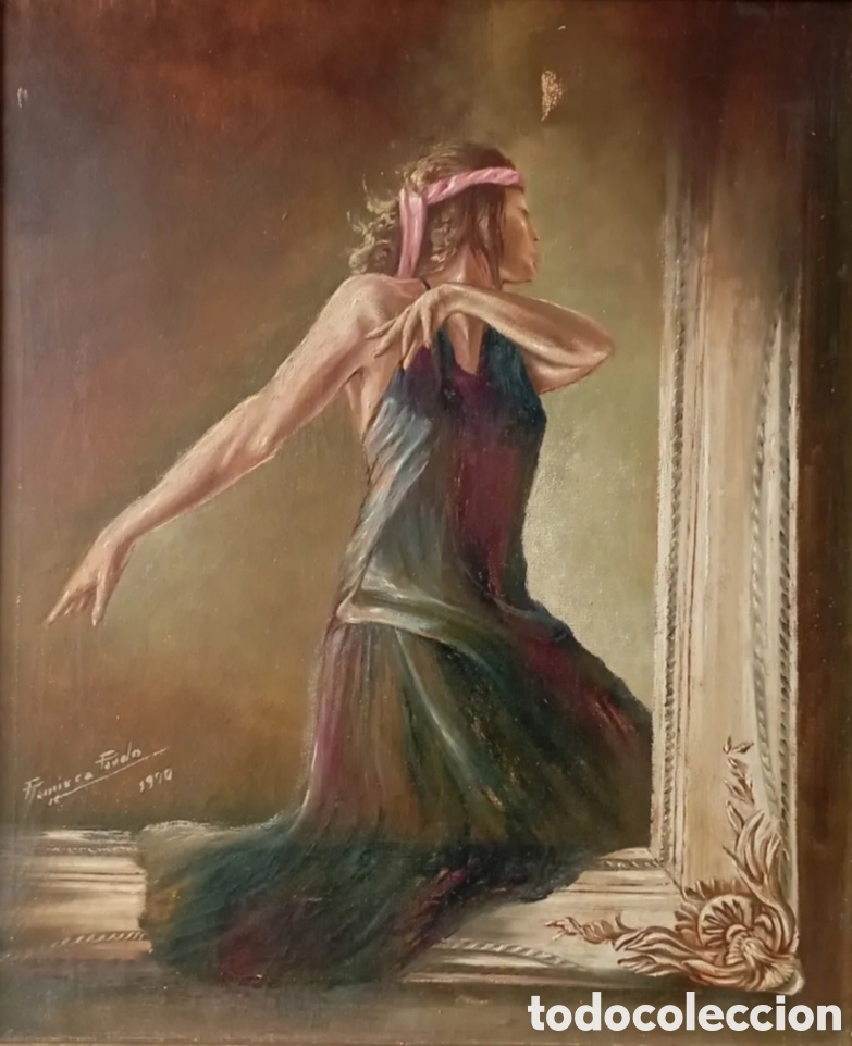 Kunst: &Oacute;leo sobre lienzo mujer pase de baile bailando a&ntilde;os 70 firmado Ram&iacute;rez Pardo fechado 1970 siglo XX