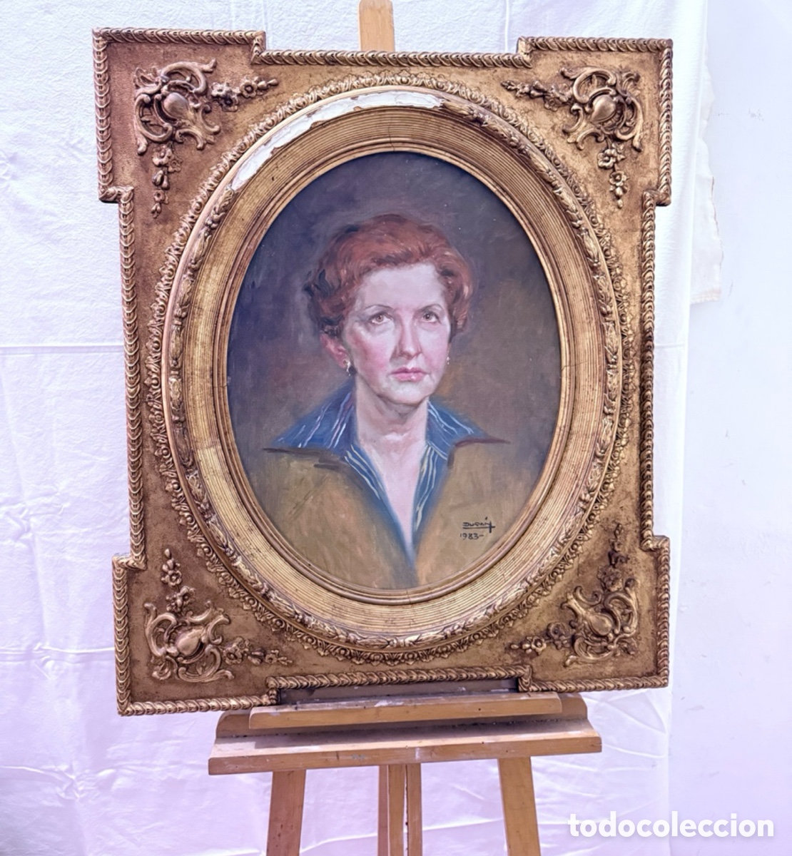 Kunst: Retrato femenino. &Oacute;leo sobre lienzo firmado Dur&aacute;n 1983. Gran marco cl&aacute;sico