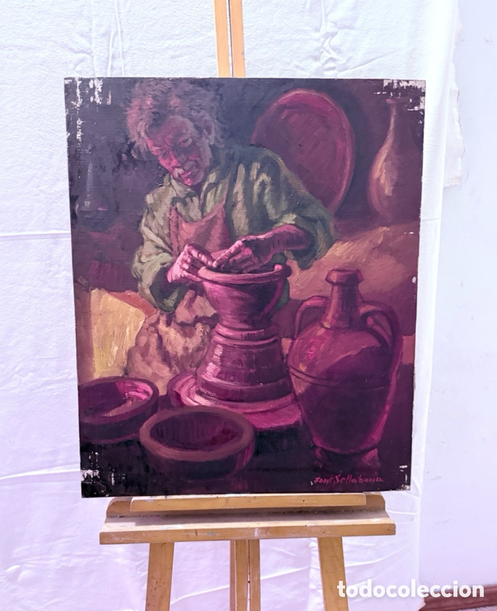 Kunst: Josep Font Sellabona. &Oacute;leo sobre lienzo. Alfarero trabajando el barro