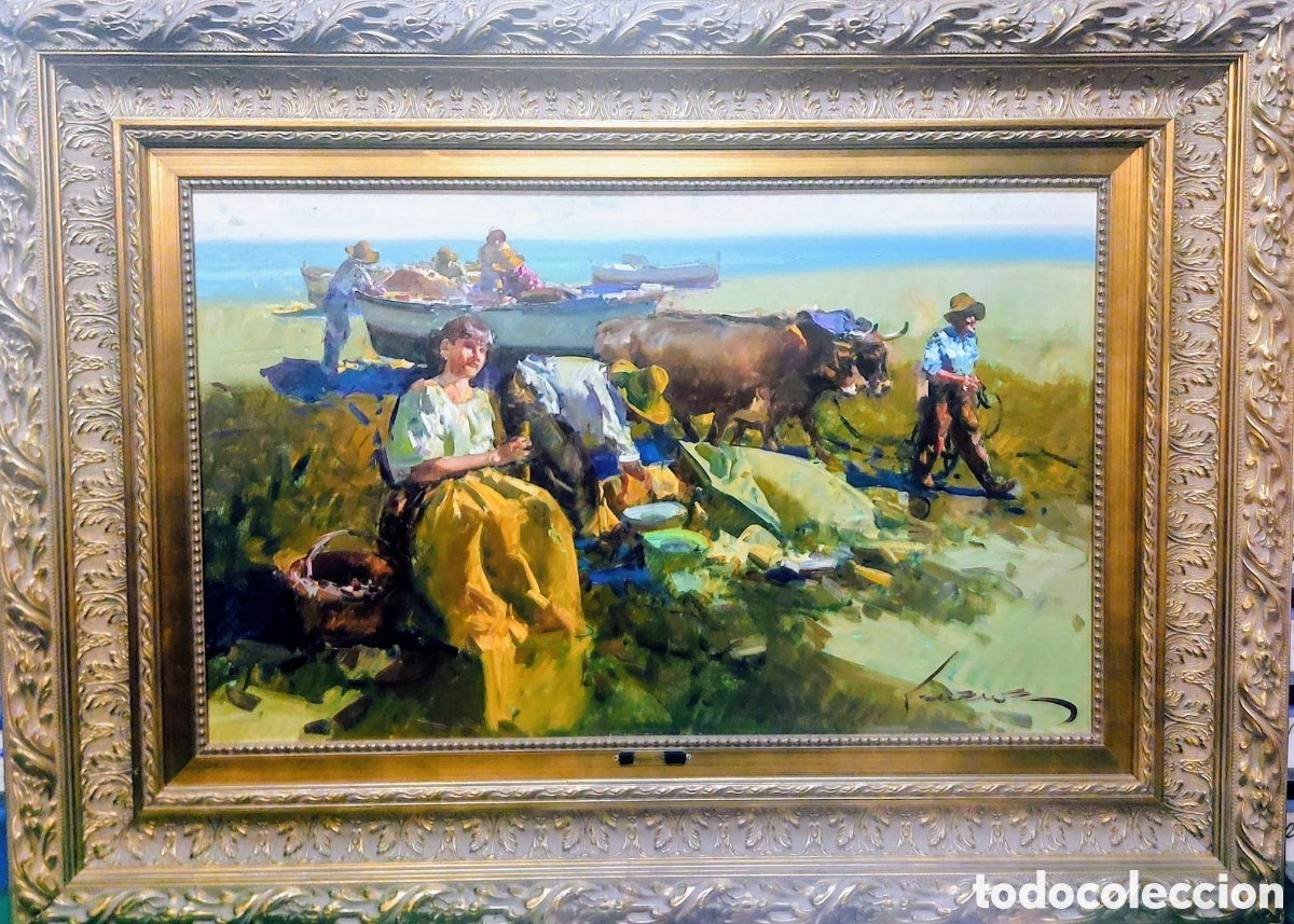 Arte: EUSTAQUIO SEGRELLAS.OLEO TELA 50X81 ANY 2002 PESCADORES EN LA PLAYA