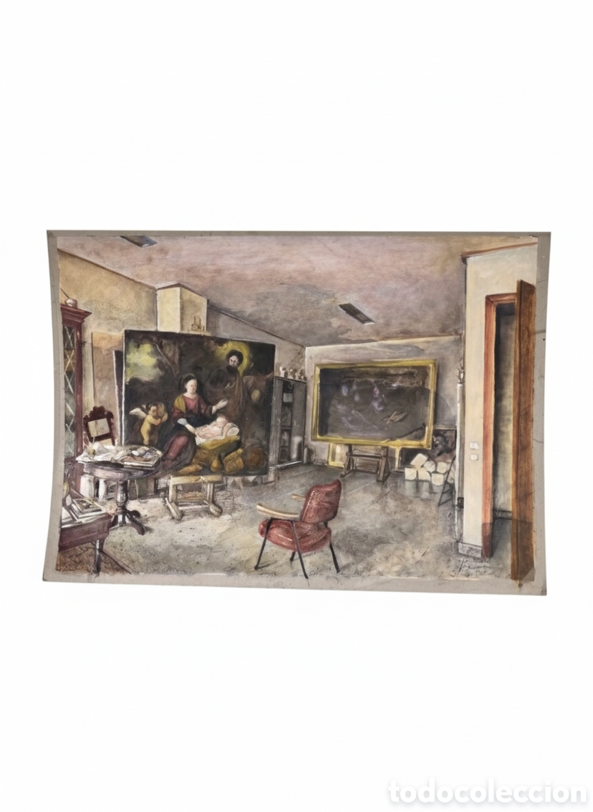 Arte: GRAN ACR&Iacute;LICO SOBRE PAPEL Y CARTON&Eacute; - ESCENA DE TALLER - REVERSO CON MAPA FACS&Iacute;MIL &rdquo;TYPUS ORBIS UNIV