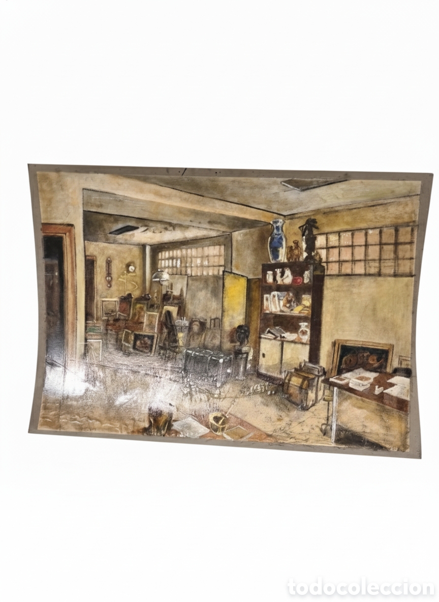 Arte: GRAN ACR&Iacute;LICO SOBRE PAPEL Y CARTON&Eacute; - ESTUDIO DEL PINTOR (PERSPECTIVA II) - TRASERA CON MAPA &rdquo;TYPUS