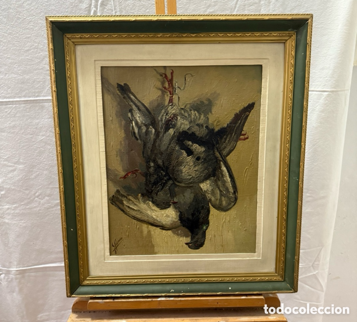 Kunst: &Oacute;leo sobre tablex bodeg&oacute;n de caza firmado con marco siglo XX