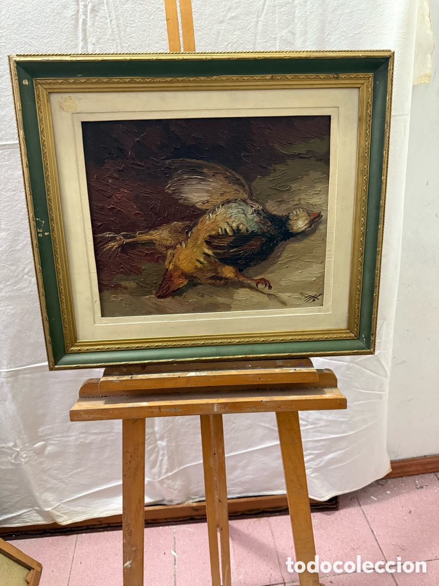 Art: &Oacute;leo sobre tablex bodeg&oacute;n de caza firmado con marco siglo XX