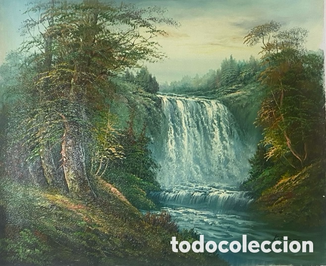 Kunst: &Oacute;leo sobre lienzo Paisaje natural contempor&aacute;neo con cascada 52 cm x 63 cm.