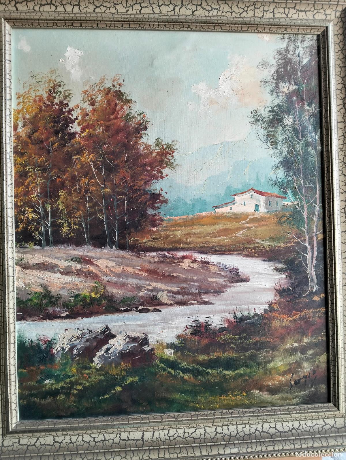 Kunst: Pintura al &oacute;leo antigua paisaje campo r&iacute;o firmado Sergio cuadro marco de madera dorada 87 x 74 cm