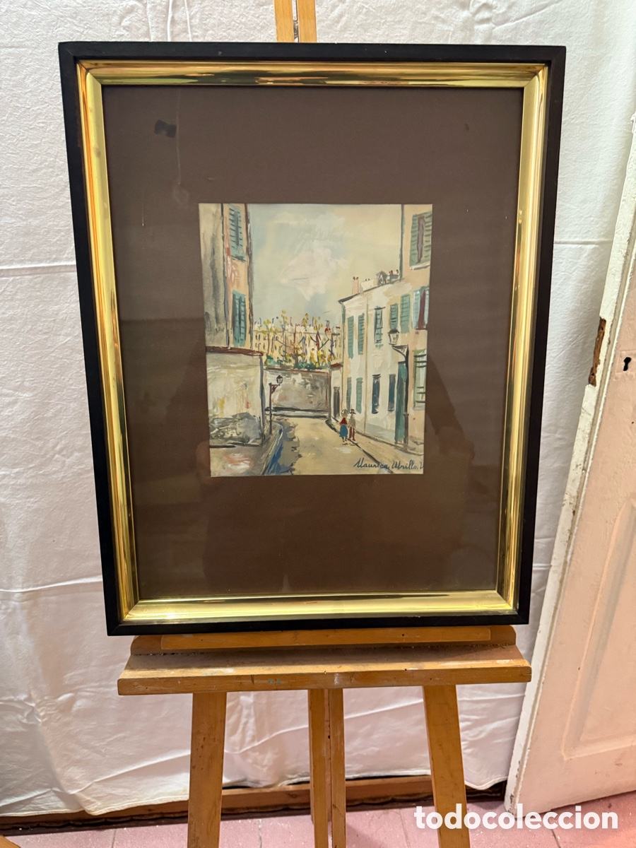 Arte: Acuarela firmada Maurice Utrillo V escena urbana francesa estilo Montmartre.
