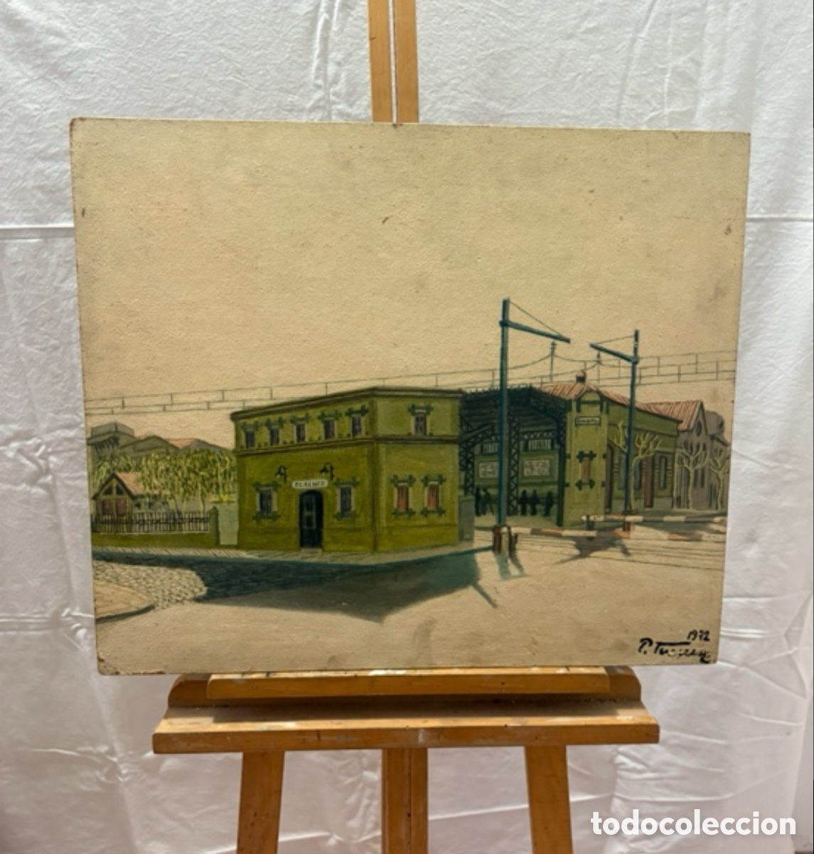 Arte: &Oacute;leo sobre tablex firmado estaci&oacute;n RENFE escena ferroviaria colecci&oacute;n