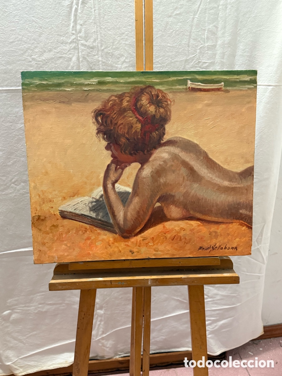 Arte: Josep Font Sellabona &oacute;leo sobre lienzo 1978 desnudo femenino playa Vacaciones