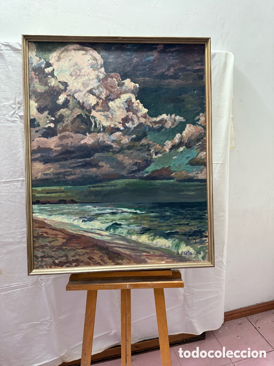 Arte: &Oacute;leo sobre lienzo firmado Espinosa paisaje marino con oleaje y gran cielo expresivo.(94X76 cm)
