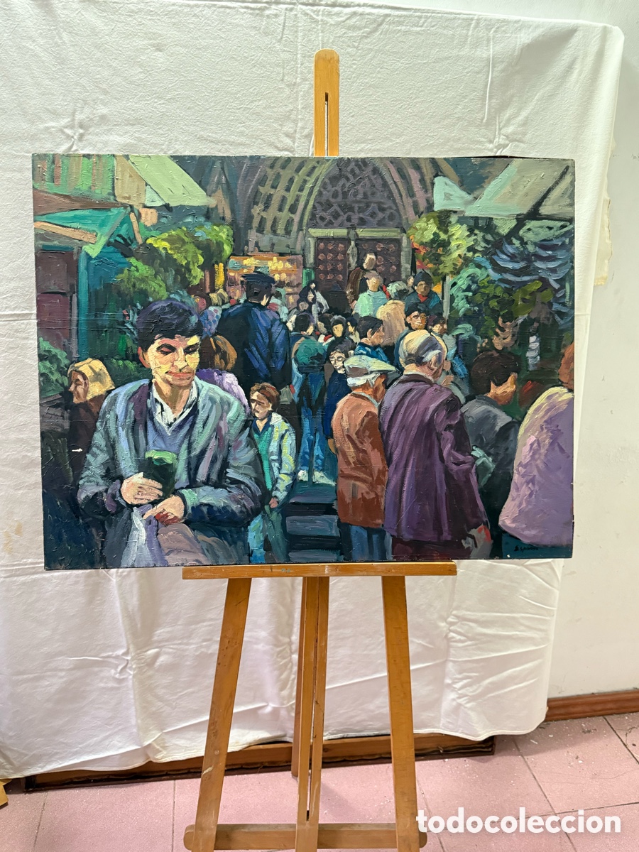 Arte: Espinosa. &Oacute;leo escena de mercado con figuras estilo expresionista. Gran formato .