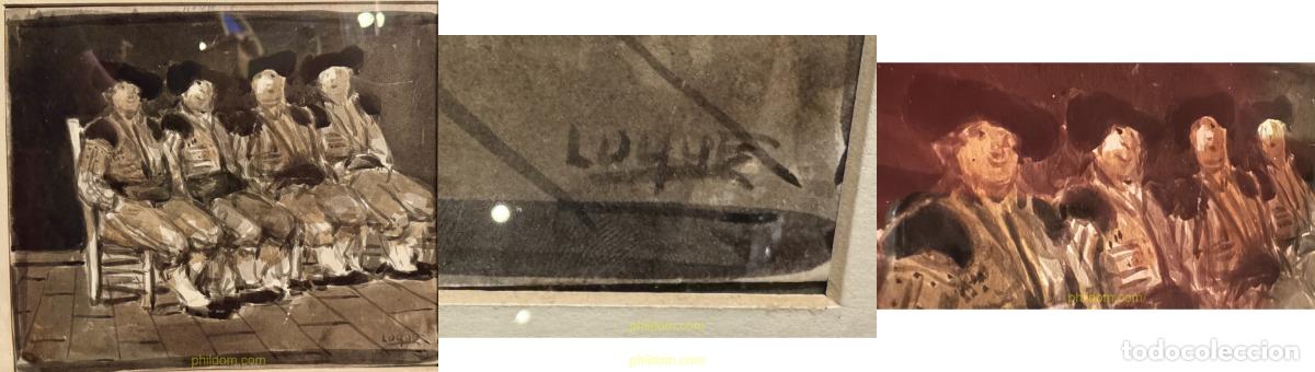 Arte: MANUEL FERNANDEZ LUQUE PINTURA AGUADA A TINTA - 4 TOREROS - 24x28cm