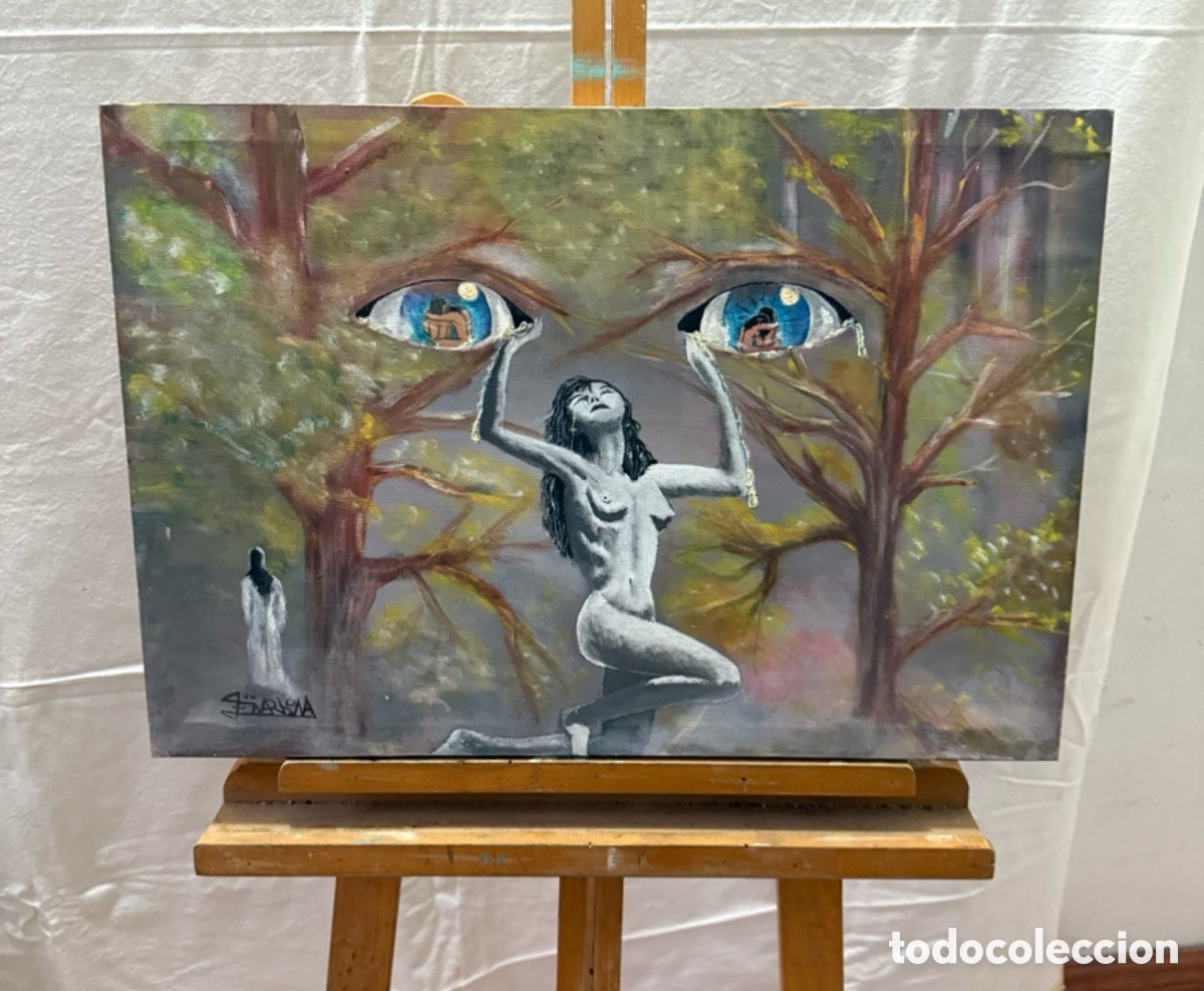 Arte: &Oacute;leo surrealista firmado escena simb&oacute;lica figura femenina y composici&oacute;n on&iacute;rica