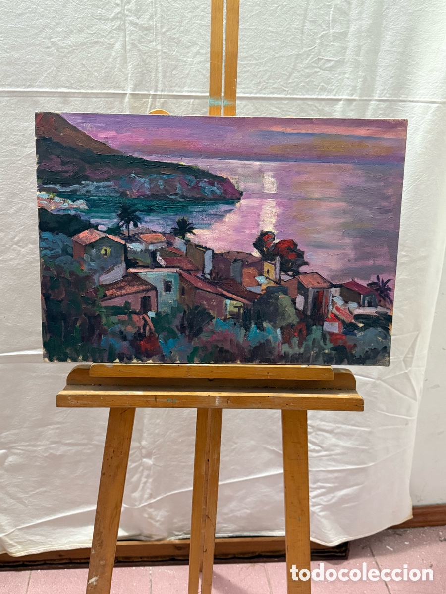 Arte: &Oacute;leo sobre lienzo paisaje costero mediterr&aacute;neo atardecer pueblo y mar estilo impresionista