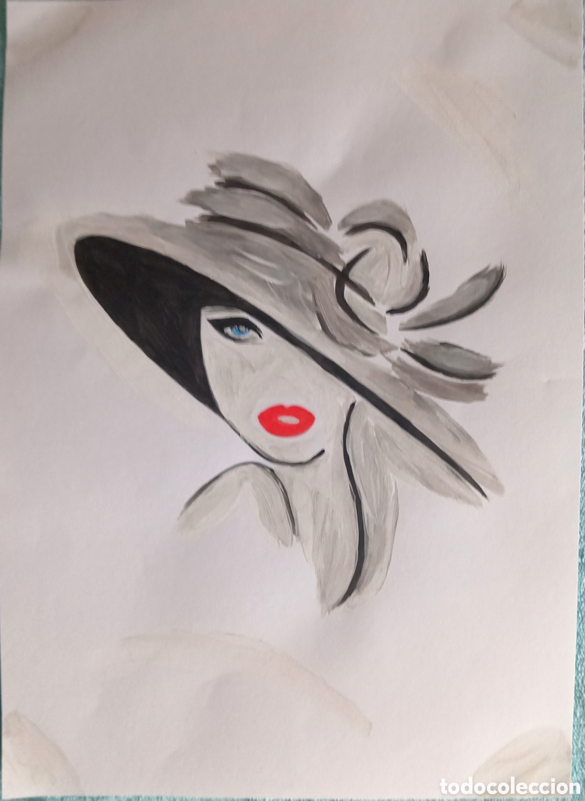 Arte: Original pintura Mujer con sombrero (13) (t&eacute;cnica mixta) acuarela y acr&iacute;lico sobre papel 30,5cmx21cm