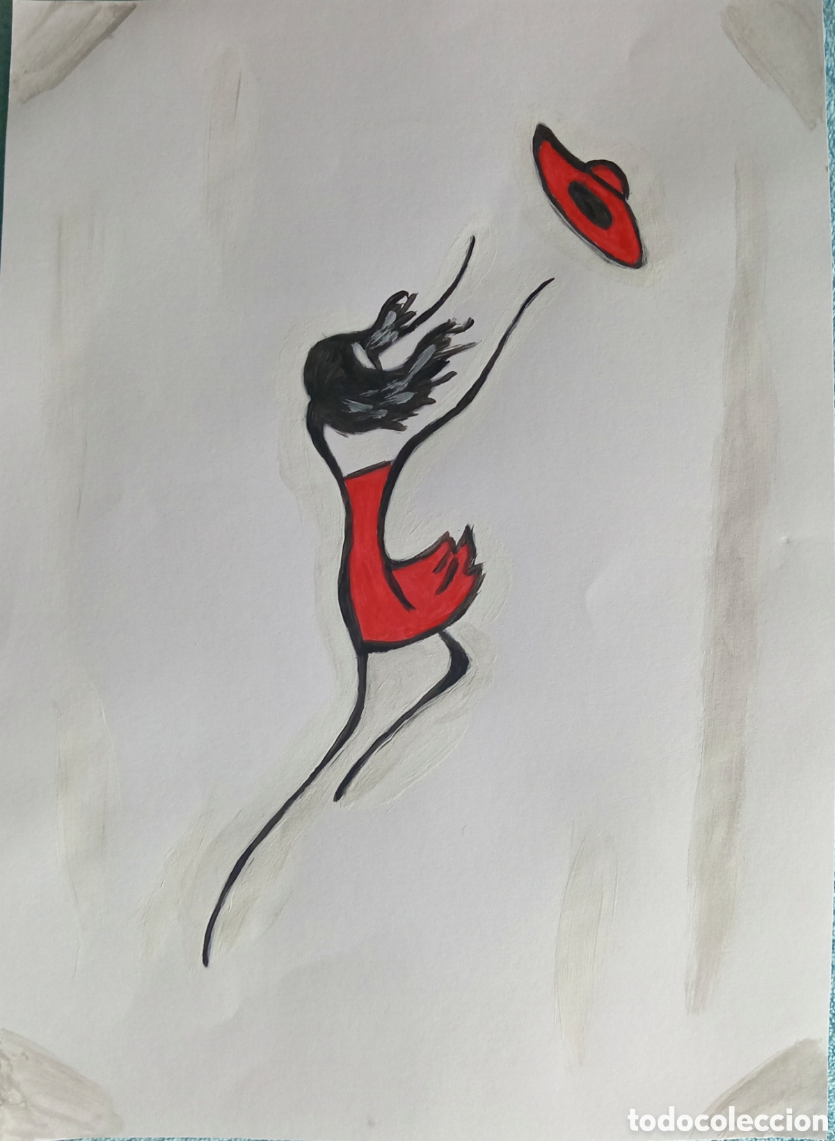 Arte: Original pintura Mujer de rojo con sombrero (2) (t&eacute;cnica mixta) acuarela y acr&iacute;lico sobre papel 30,5