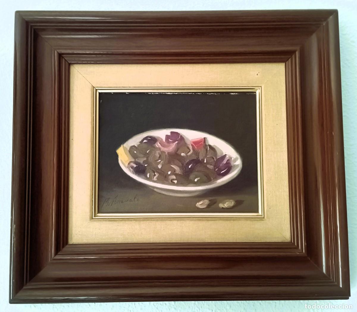 Arte: &Oacute;leo sobre tabla firmado por Manuel Ar&eacute;valo Galdame - Bodeg&oacute;n Aceitunas 2 - A&ntilde;os 70/80 - Sevilla.