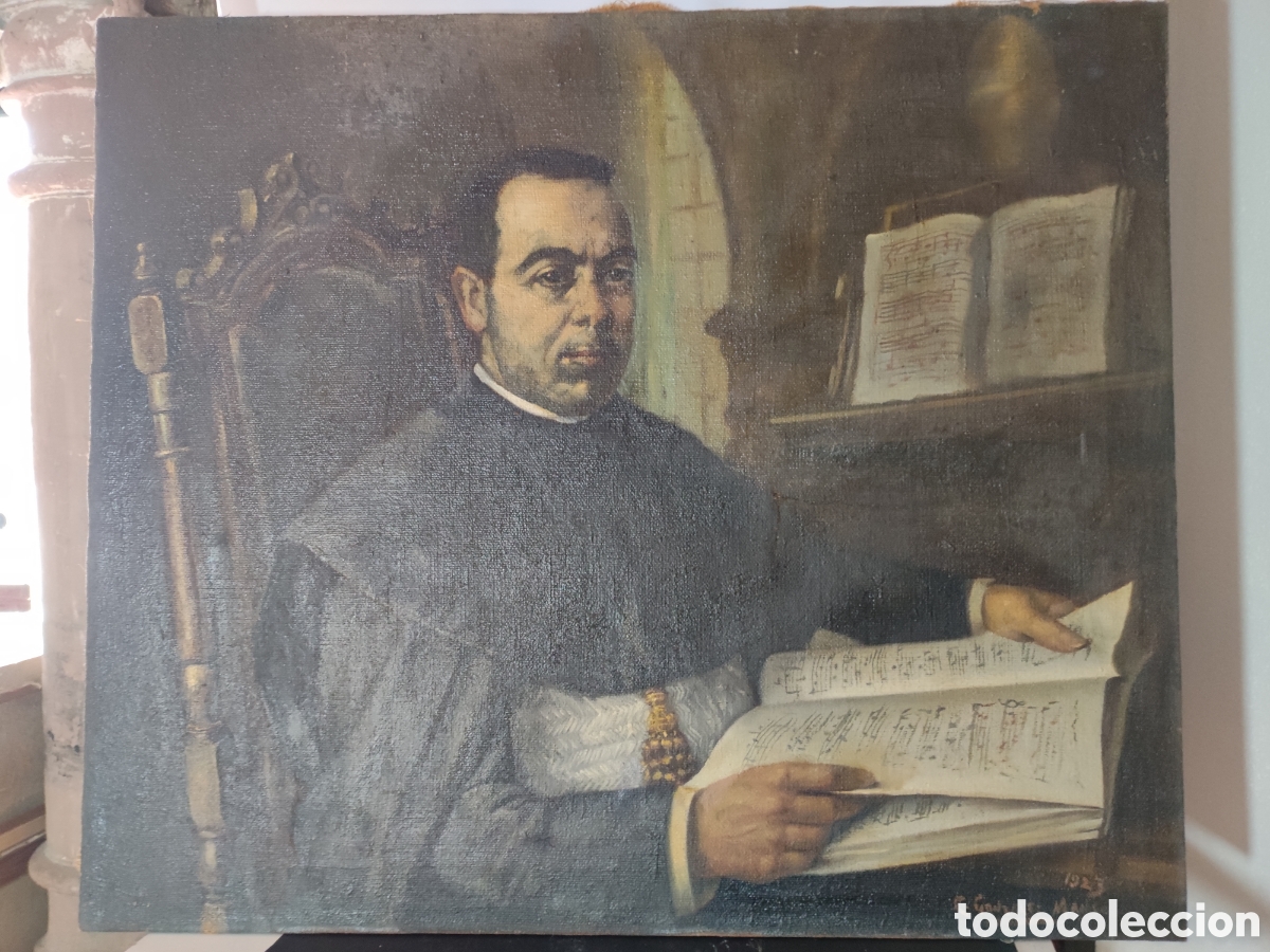 Arte: &Oacute;leo sobre lienzo retrato del cantor de la catedral de Orense firmado y fechado El&iacute;as Gonz&aacute;lez manso
