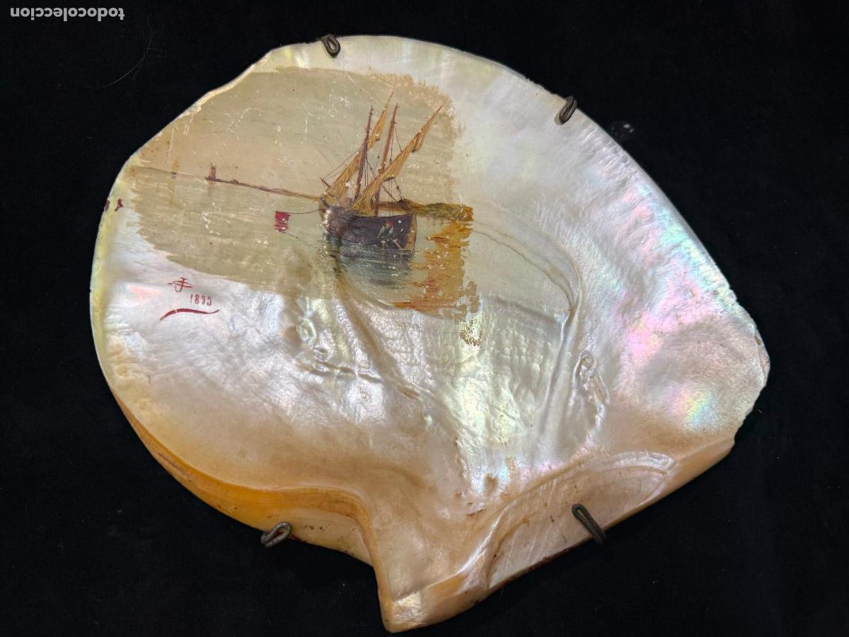 Arte: ANTIGUA CONCHA DE NACAR CON PINTURA MARINA FIRMADA EN 1893 - MEDIDA 23X20 CM