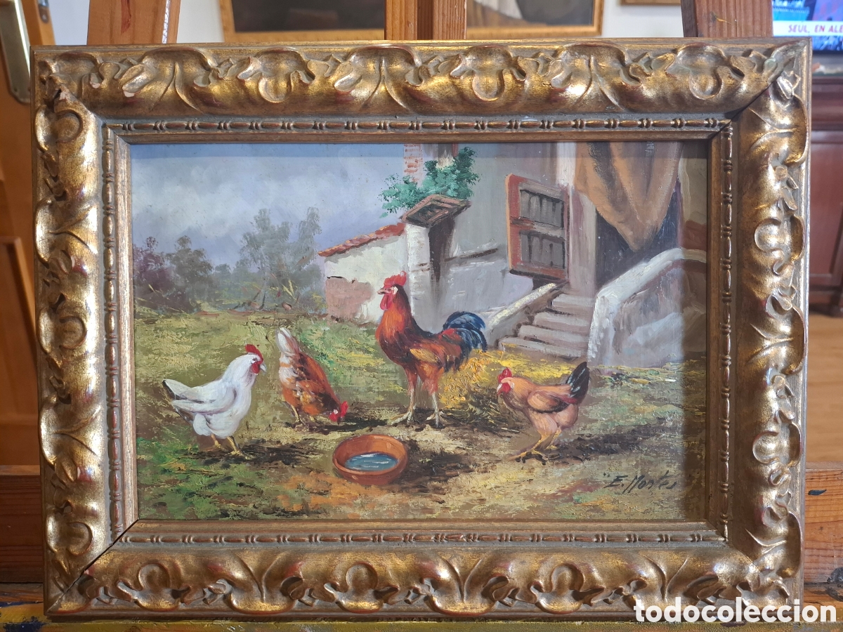 Arte: Oleo sobre tabla pareja de gallinitas de enrique montes 39x30