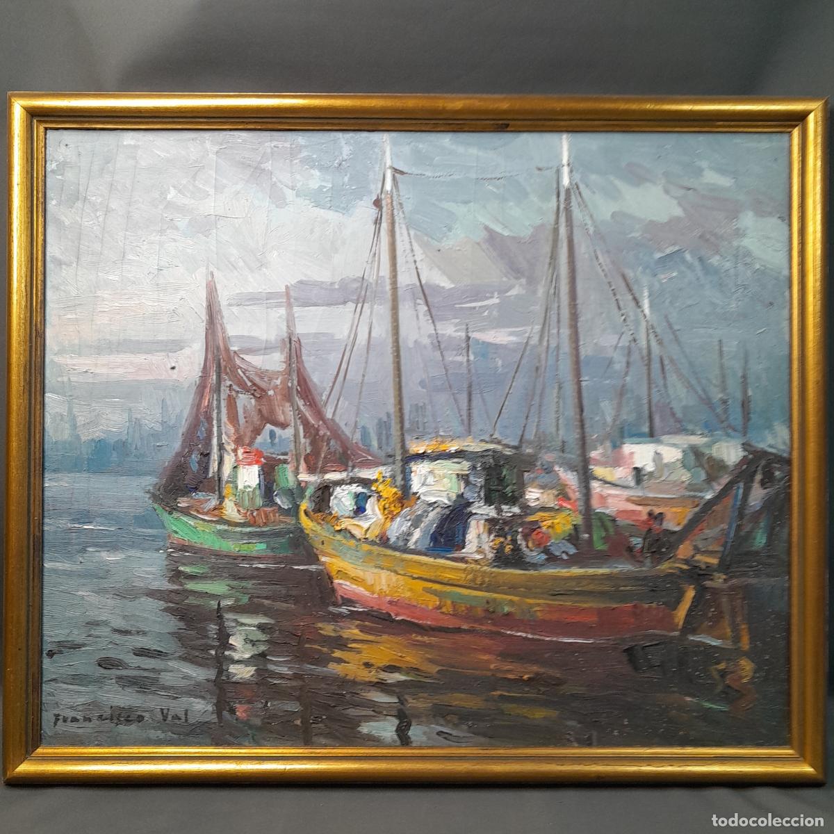 Kunst: C-1597. FRANCISCO VAL SORIANO (1915- 2016). &Oacute;LEO SOBRE LIENZO. MARINA CON BARCOS. 1970 CA.