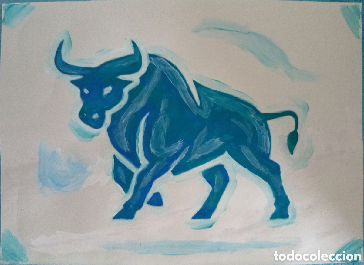 Arte: Original pintura Toro cian trazos (17) (t&eacute;cnica mixta) acuarela y acr&iacute;lico sobre papel 30,5cmx21,5cm