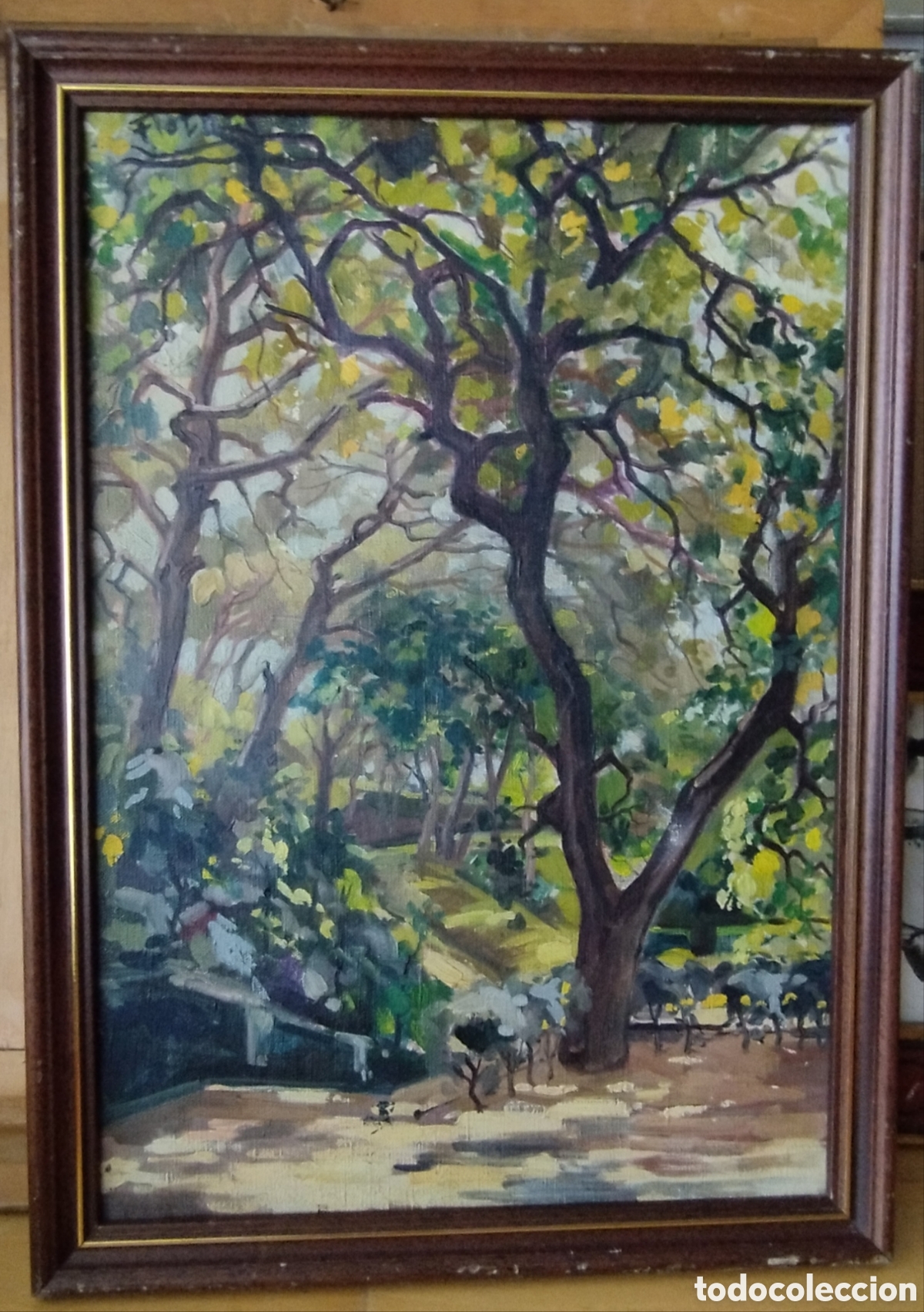 Arte: Cuadro parque &rdquo;El Roure&rdquo;, Barcelona.Estilo impresionista. El pintor catal&aacute;n Llu&iacute;s Flotats i Vila