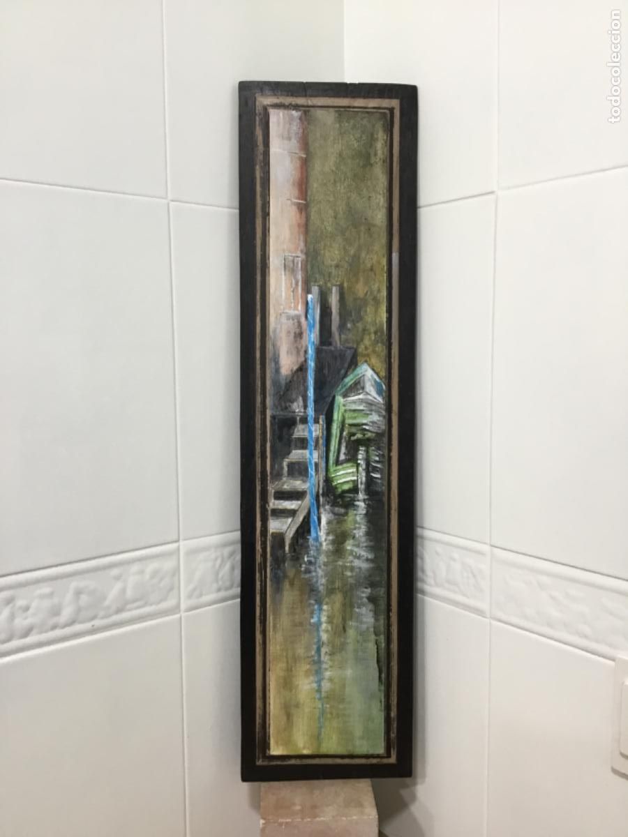 Arte: Esperando. Acrilico y plumilla sobre cuarter&oacute;n de madera antigua estucada.