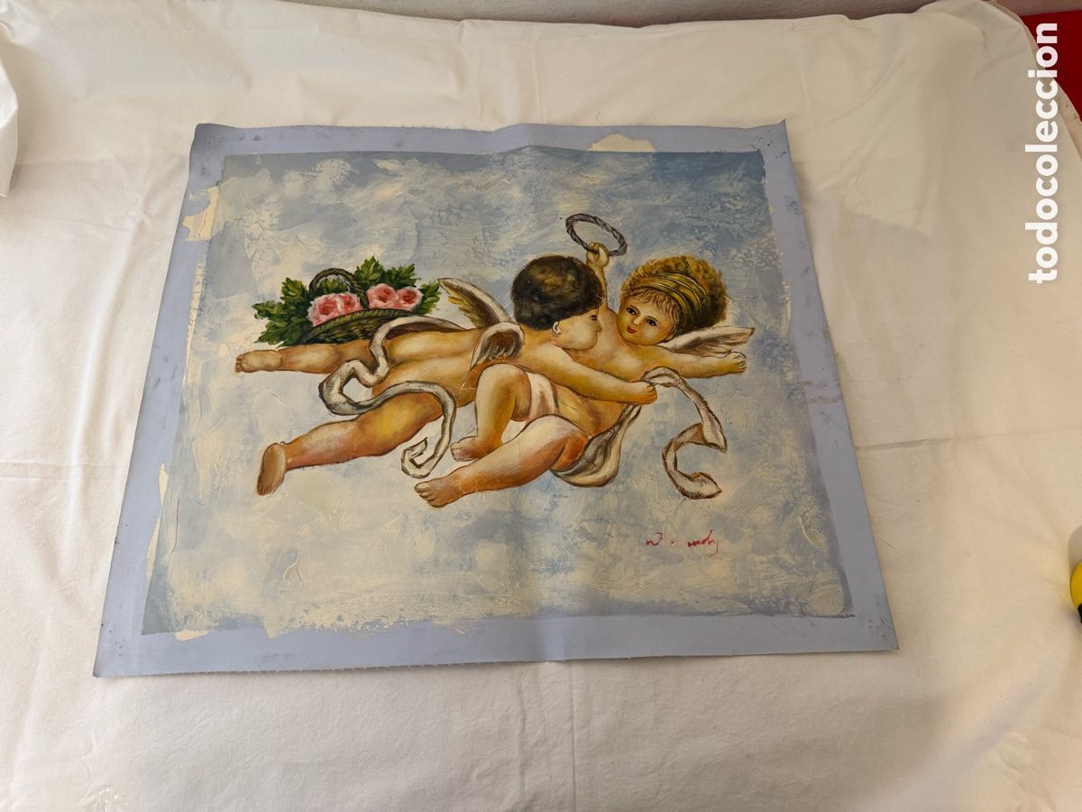 Arte: Pintura sobre lienzo querubines estilo cl&aacute;sico decorativo firmada 70x60 cm