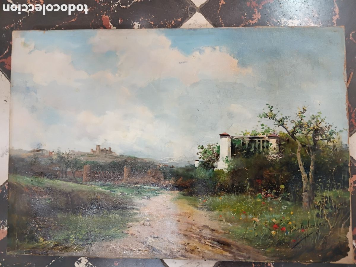 Kunst: &Oacute;leo sobre lienzo Paisaje con arquitectura y jard&iacute;n Firmado 57 x 39 cm PEDRO BALONGA almeria 1861