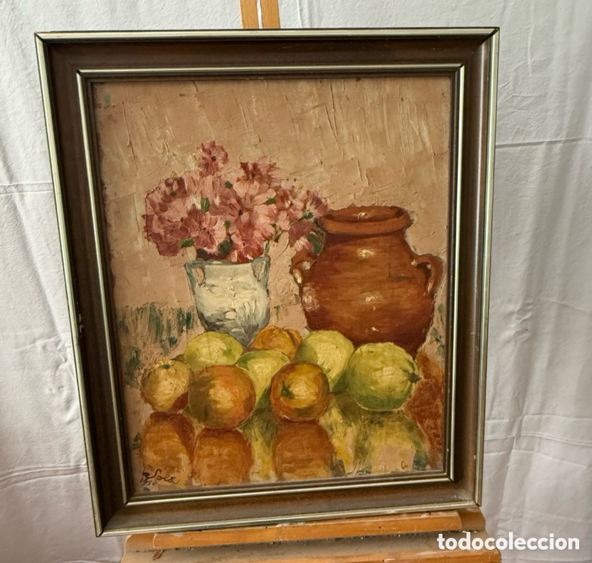 Arte: Bodeg&oacute;n floral con frutas &oacute;leo sobre tablex firmado Sola enmarcado