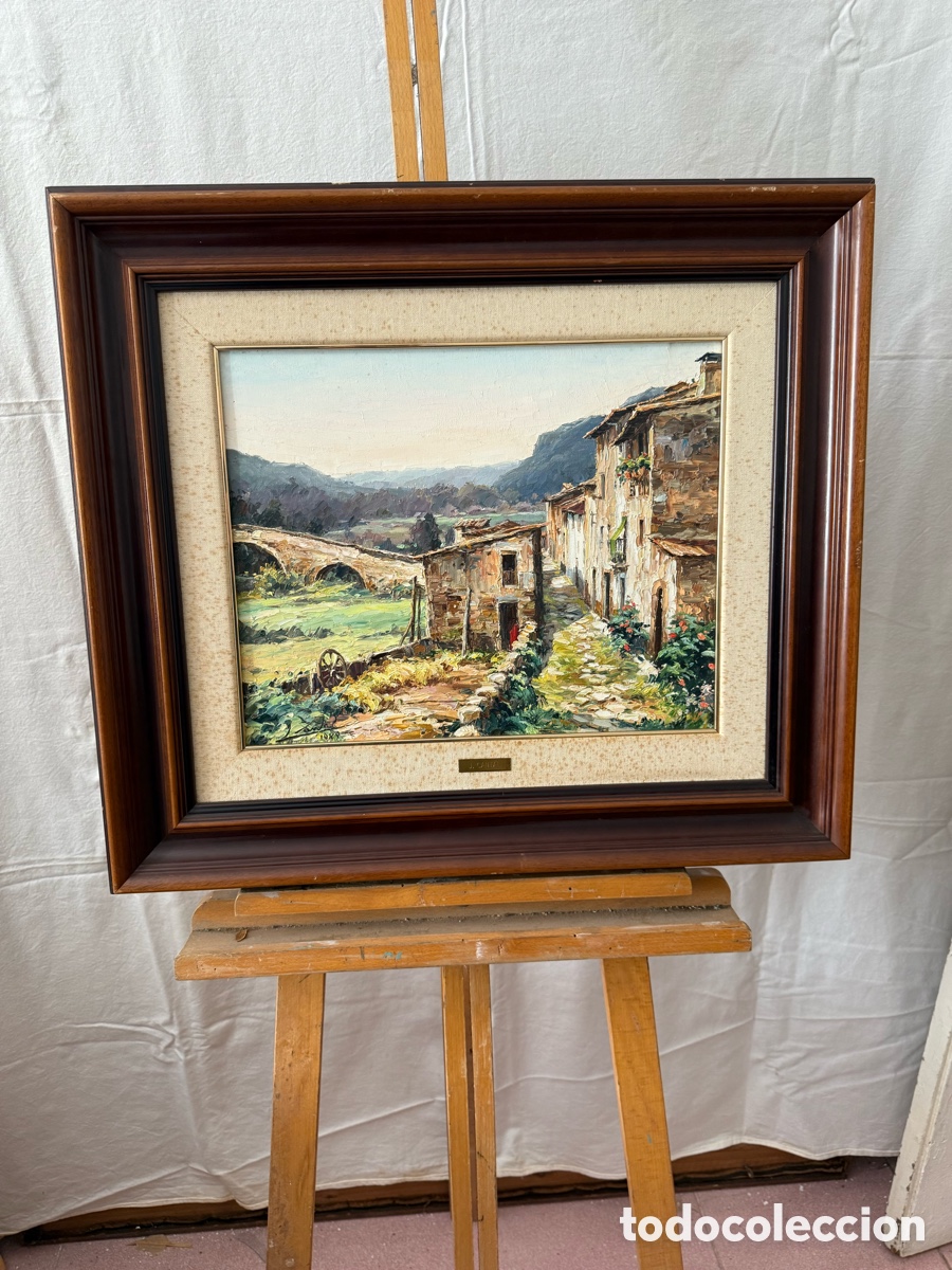 Arte: Joan Cantal paisaje de pueblo &oacute;leo sobre lienzo firmado y enmarcado escuela catalana