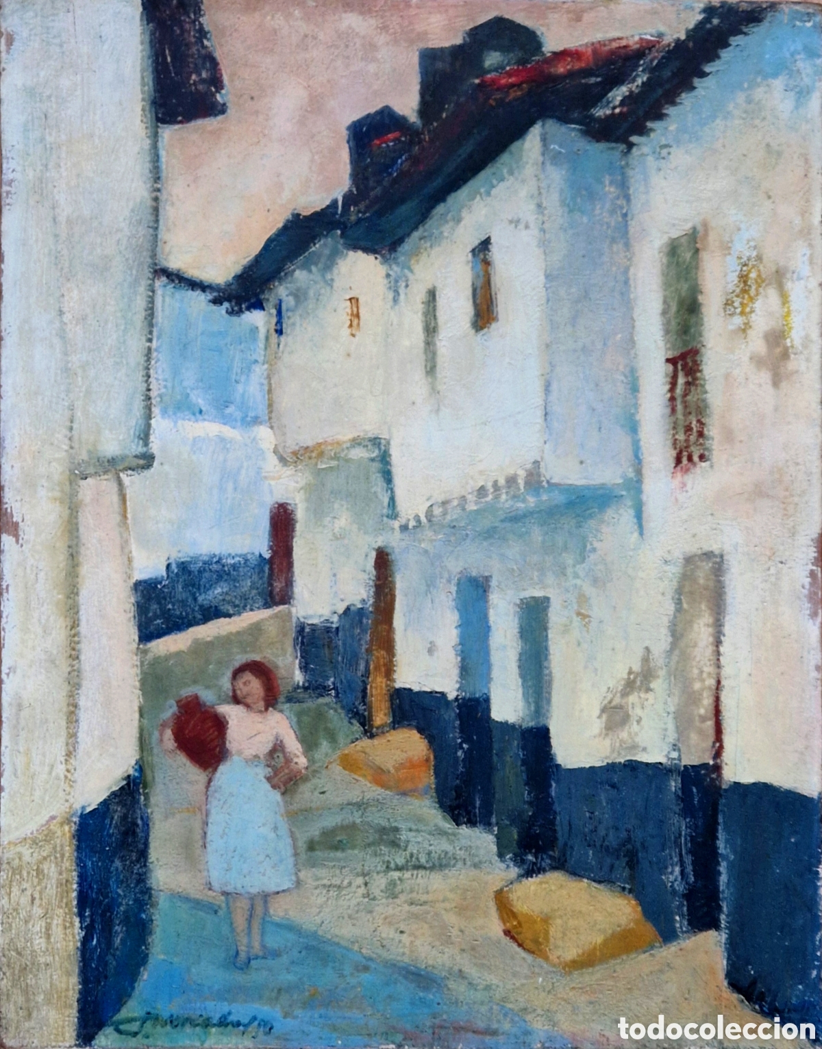 Arte: &Oacute;leo costumbrista espa&ntilde;ol firmado Moncada &ndash; &ldquo;Calle en Arenas (M&aacute;laga)&rdquo;, fechado 1950