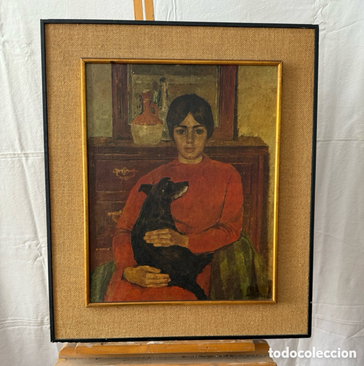 Arte: Retrato femenino con perro &oacute;leo sobre TABLEX firmado enmarcado