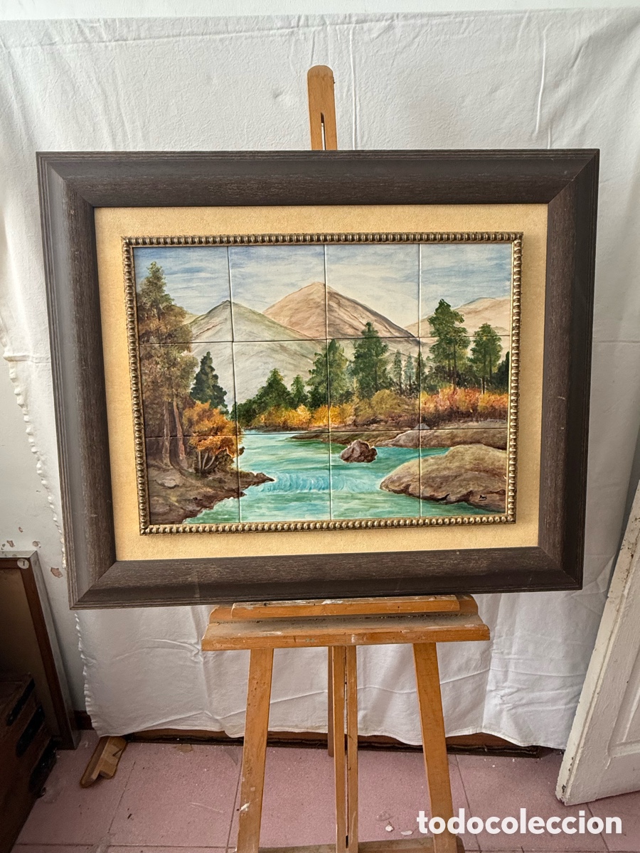 Arte: Mural cer&aacute;mico pintado a mano paisaje sobre 12 azulejos firmado Puri 60x46 cm