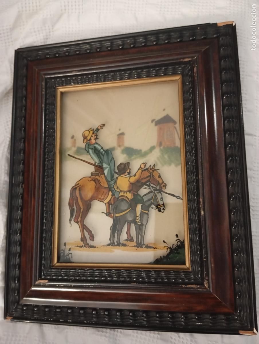 Arte: &Oacute;leo con escena Quijote Cervantes sobre doble cristal superpuesto para efecto. Mediados del siglo XX