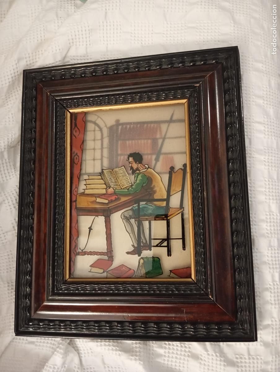 Arte: &Oacute;leo con escena Quijote Cervantes sobre doble cristal superpuesto para efecto. Mediados del siglo XX