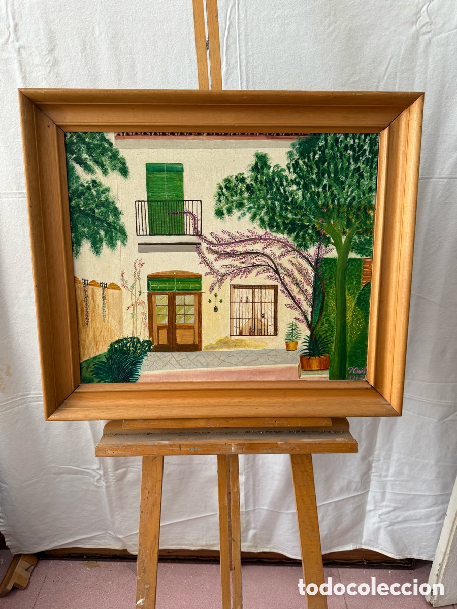 Arte: &Oacute;leo sobre lienzo casa con jard&iacute;n firmado F. Civil 1978