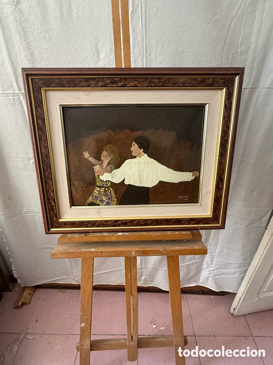 Arte: &Oacute;leo sobre chapa escena de baile firmado Pura 96 enmarcado