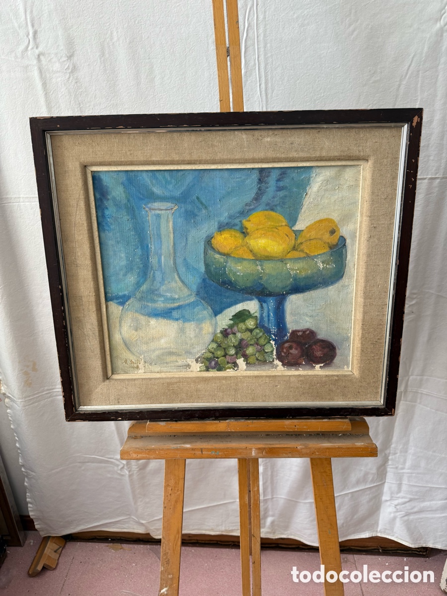 Arte: &Oacute;leo sobre lienzo bodeg&oacute;n con frutas firmado enmarcado