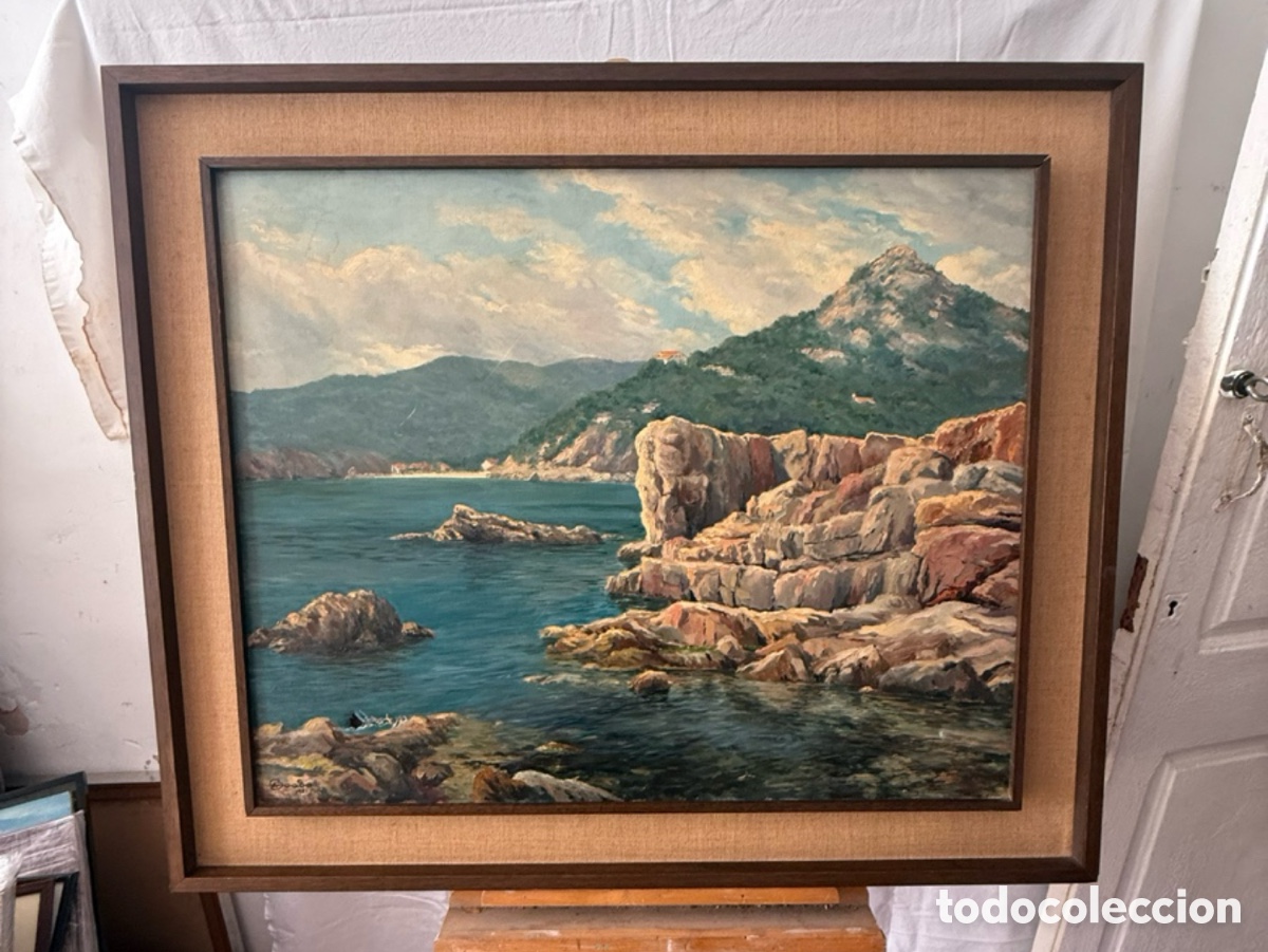 Arte: &Oacute;leo sobre lienzo paisaje marino costa mediterr&aacute;nea firmado y fechado.