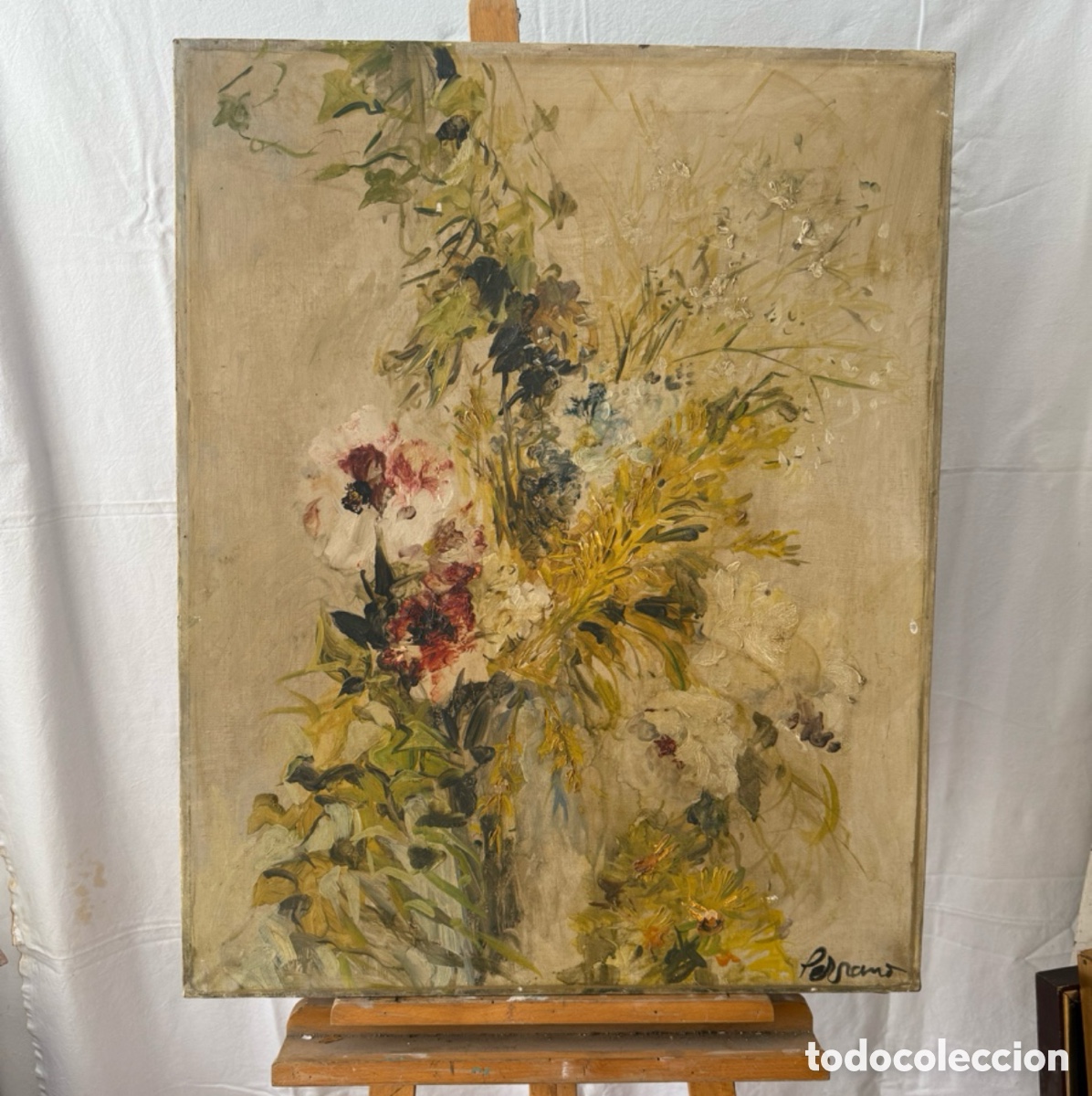 Arte: Josep Miquel Serrano i Serra 1912 1982 Flores mediterr&aacute;neas &oacute;leo sobre lienzo gran formato(81X65 cm)